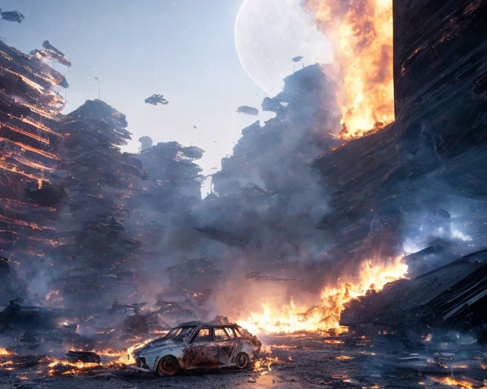 Dystopian scene with burned-out car, ruins, fire, smoke, celestial bodies