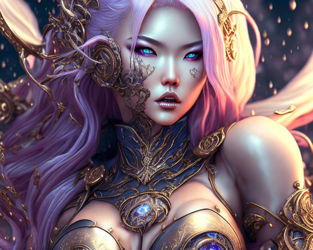 Fantasy digital artwork of female character with purple hair and golden armor