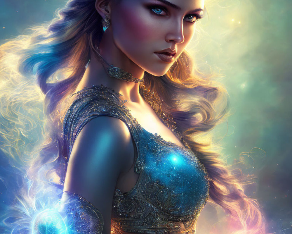 Woman with Glowing Blue Eyes and Energy Orbs in Cosmic Setting