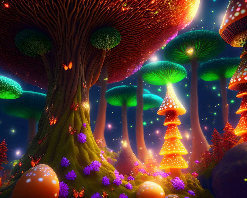 Fantasy forest with luminescent mushrooms and butterflies