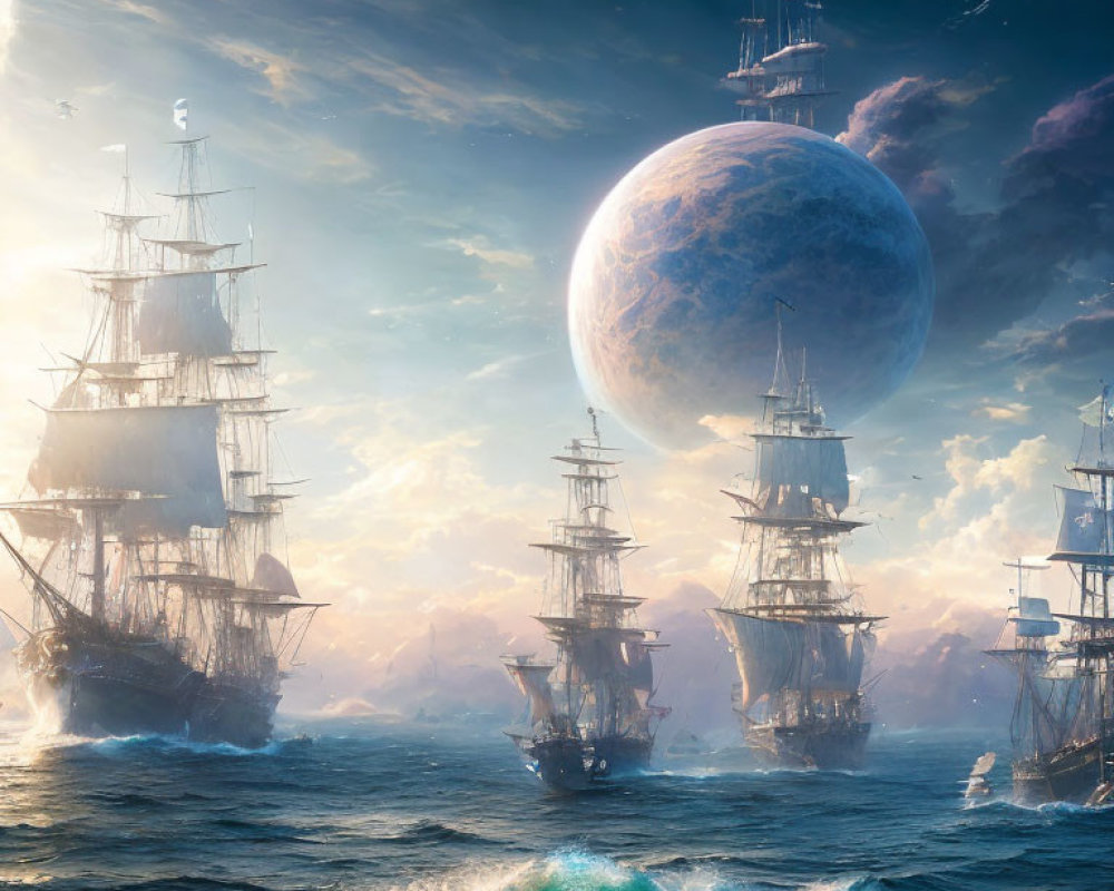 Tall ships on turbulent sea with giant moon in fantastical light