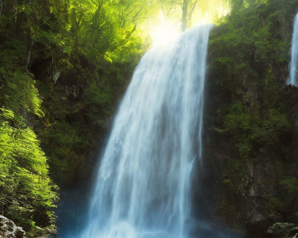 Tranquil waterfall in lush greenery with sunbeams