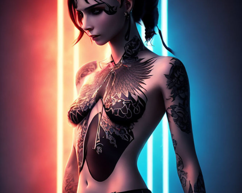 Stylized digital artwork of a woman with tattoos in neon lights