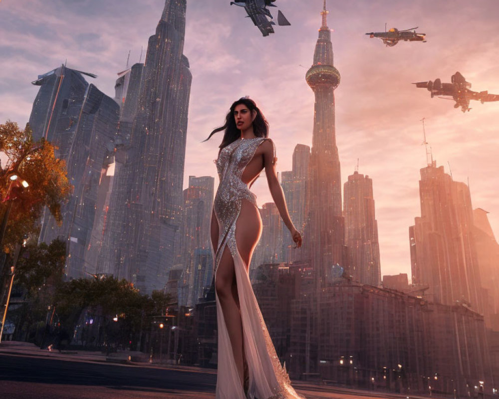 Woman in elegant gown on city street at sunset with futuristic aircraft above skyscrapers