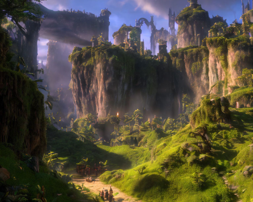 Fantastical landscape with lush greenery, towering cliffs, mystical ruins, and travelers under soft light