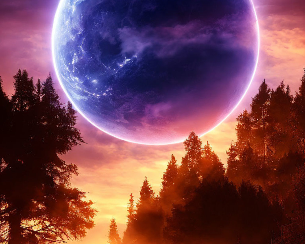 Large Blue Planet Over Misty Forest at Sunrise or Sunset