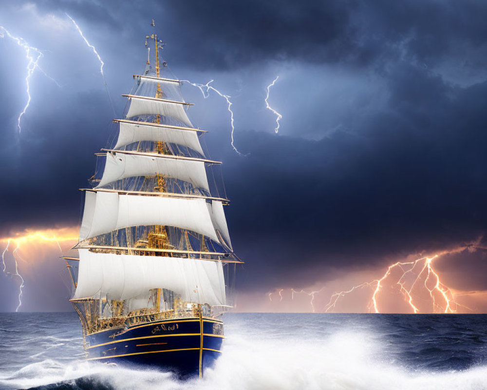 Tall Ship with White Sails in Stormy Seas