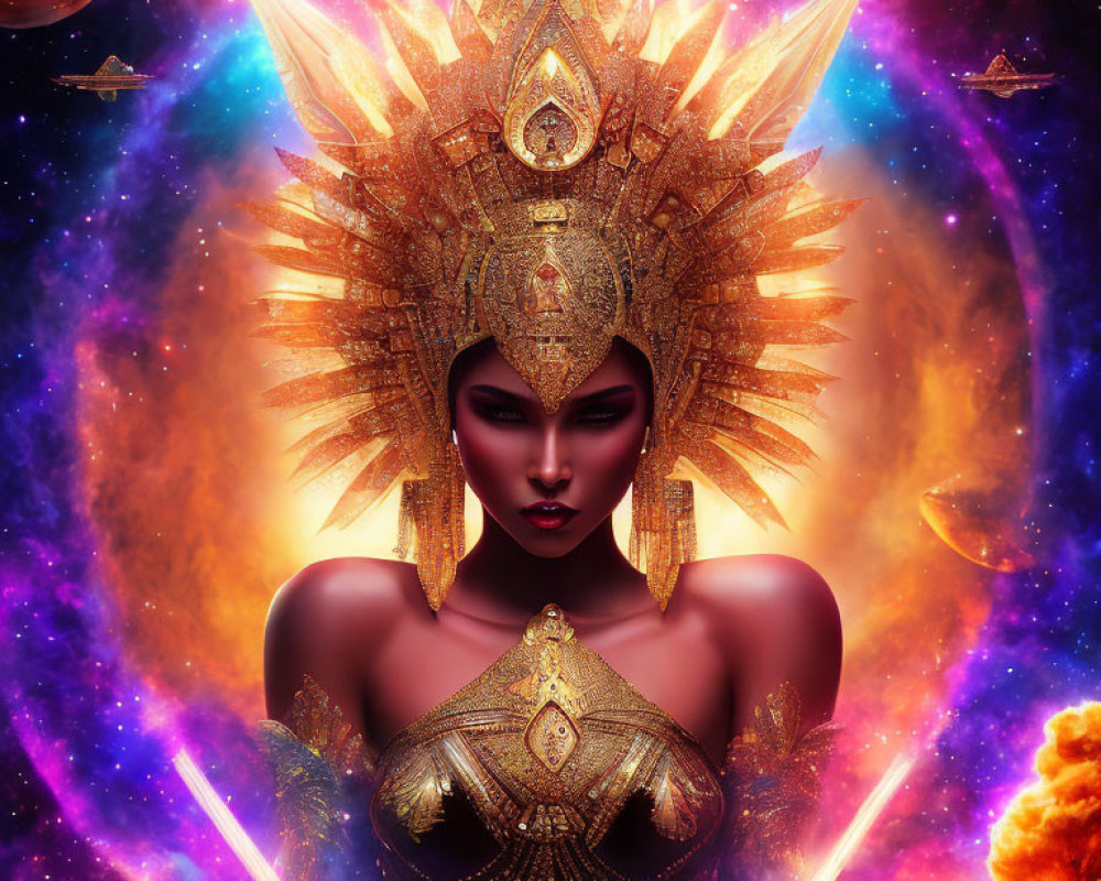 Digital portrait of a woman in ornate golden armor against cosmic backdrop