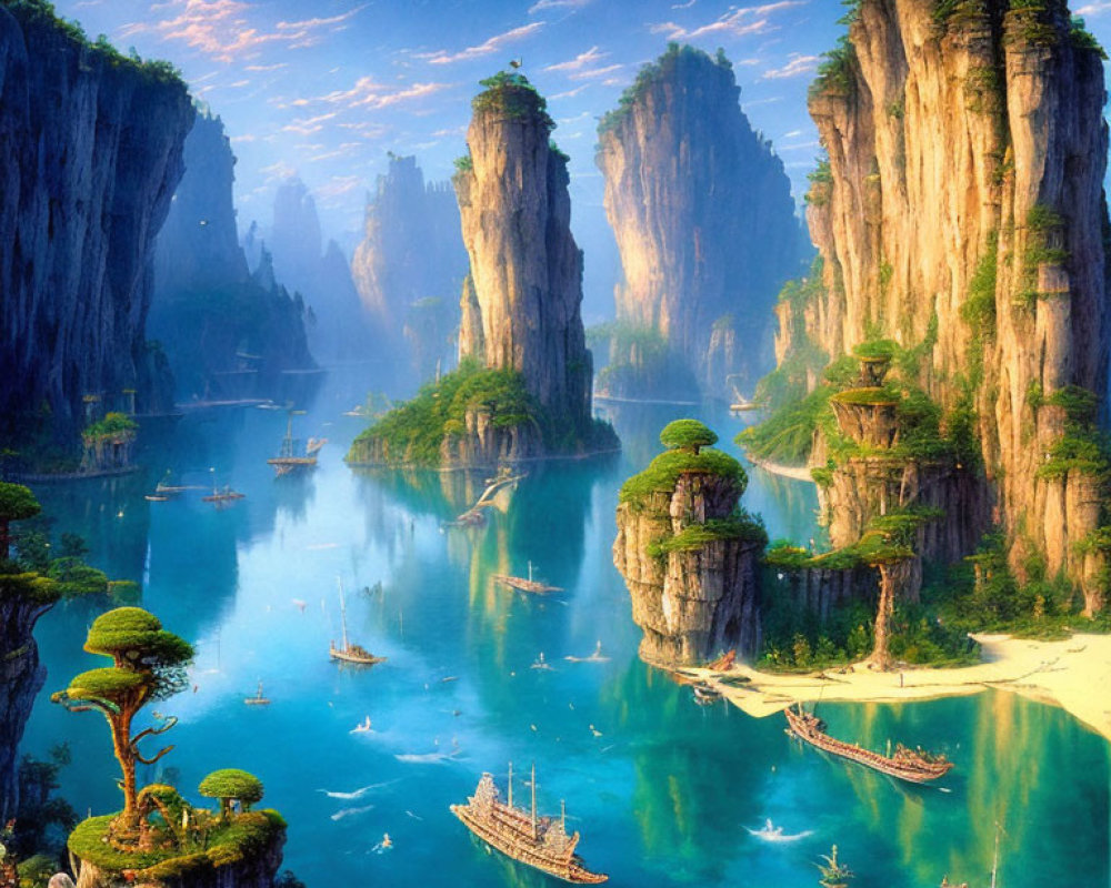 Fantastical landscape with towering rock pillars and serene waters at twilight