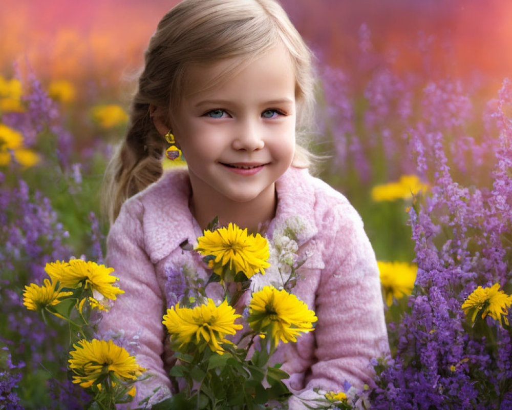 Blonde Girl Smiling with Yellow Flowers in Purple Flora