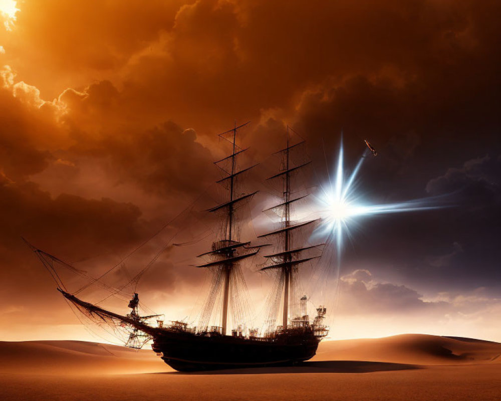 Sailing ship stranded on desert sands under dramatic sky