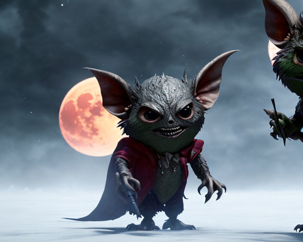 Menacing gremlins under twin moons in digital artwork