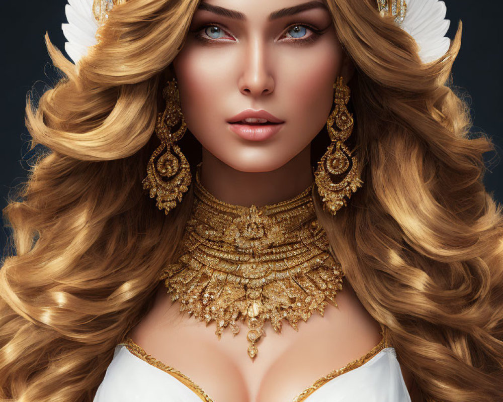 Digital portrait of a woman with golden hair and blue eyes in luxurious gold jewelry