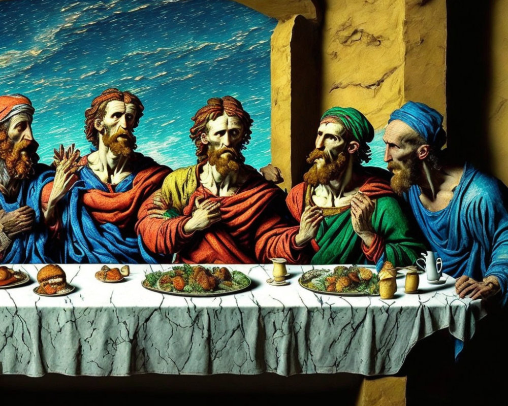 Vibrant Last Supper painting with Jesus and apostles at a table by the sea