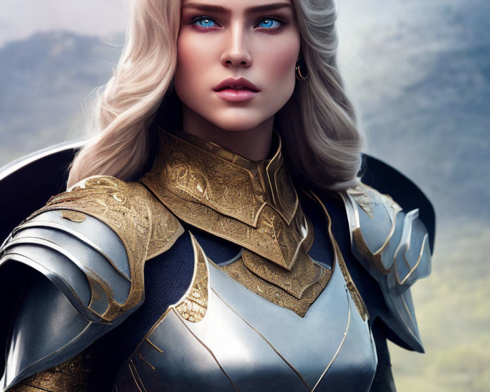 Blonde Female Warrior Digital Artwork in Golden Armor