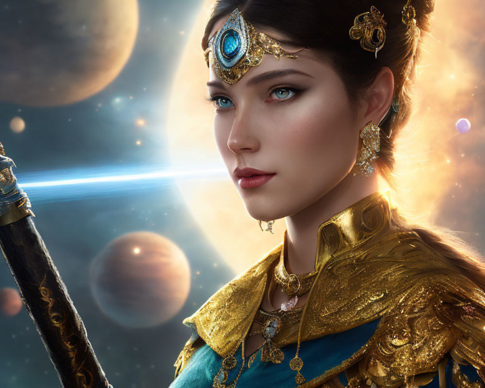 Regal woman in golden jewelry and blue robes with staff in cosmic scene