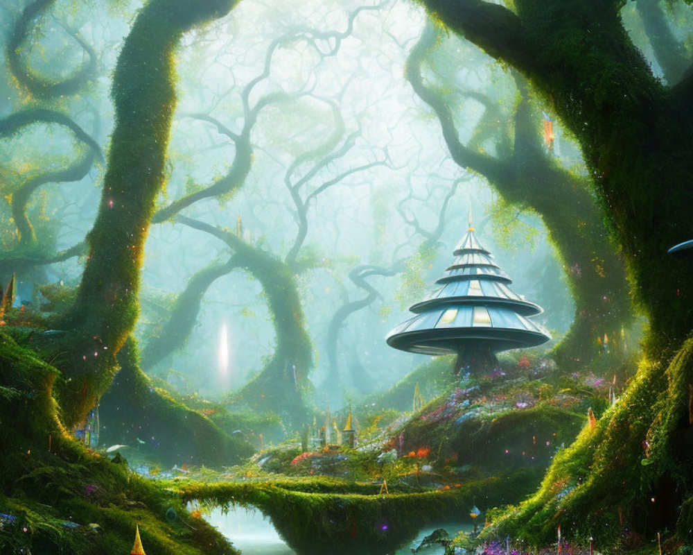 Mystical forest scene with pagoda, mossy trees, and glowing lights