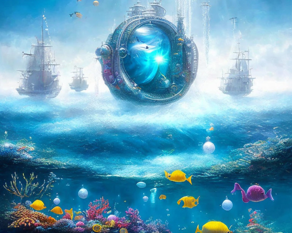 Vibrant marine life, mysterious portal, and floating ships in underwater scene