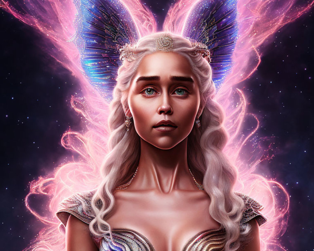 White-Haired Woman with Celestial Butterfly Wings and Cosmic Background