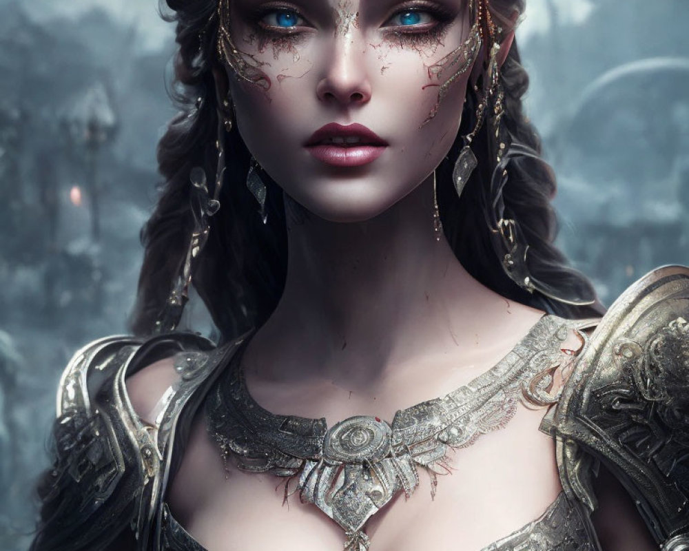 Digital Artwork: Woman in Blue-Eyed Armor with Ornate Markings