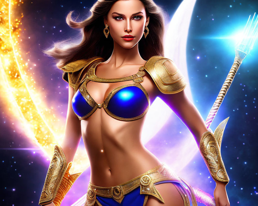 Fantasy warrior woman digital artwork with spear and cosmic background