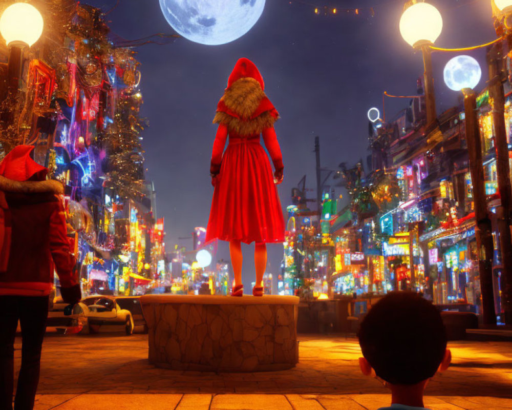 Child in Red Hood Stands on Pedestal in Festive Night Street