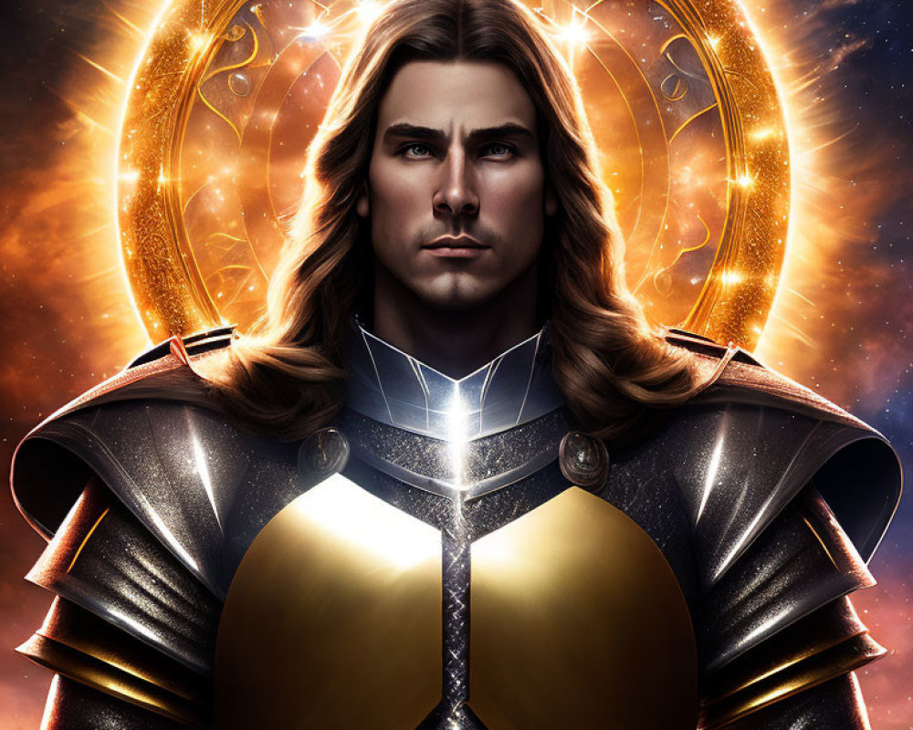 Medieval armor-clad male character with long hair in digital illustration