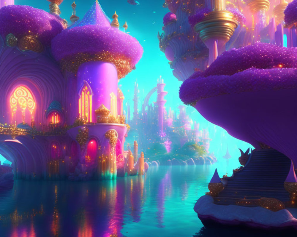 Fantastical cityscape with purple and golden architecture and floating lanterns