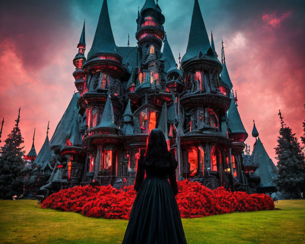 Person in black dress at grand dark castle with spires in red flower field under dramatic red sky