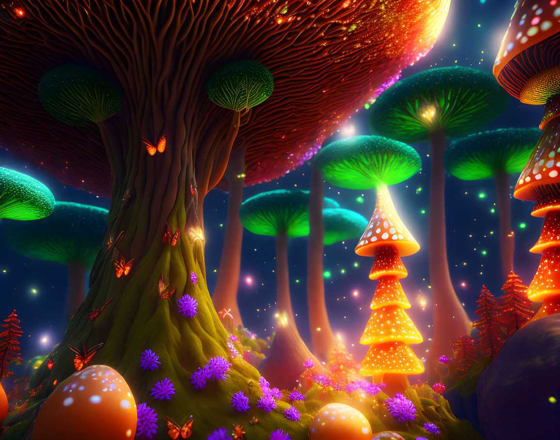 Fantasy forest with luminescent mushrooms and butterflies