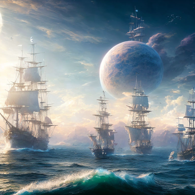 Tall ships on turbulent sea with giant moon in fantastical light