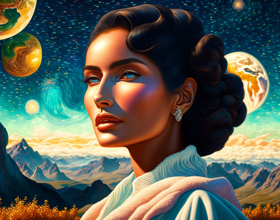 Illustrated portrait of woman with elegant hair and makeup in cosmic fantasy setting