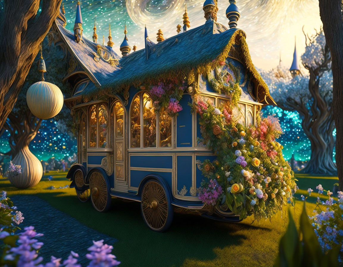 Ornate carriage with vibrant flowers in fantastical garden