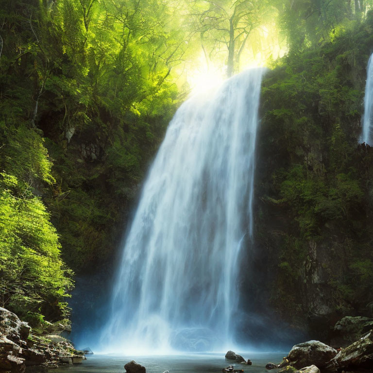 Tranquil waterfall in lush greenery with sunbeams