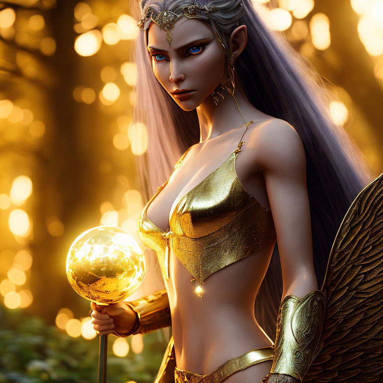 Golden-armored elf with wings holding glowing orb in mystical forest