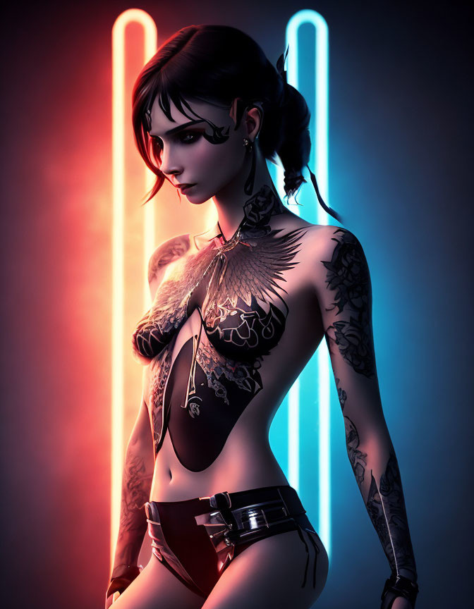 Stylized digital artwork of a woman with tattoos in neon lights