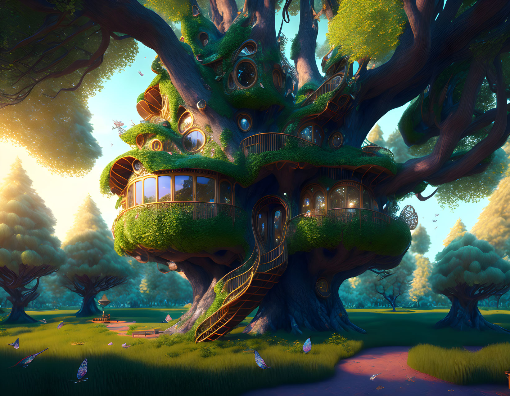 Illustration of large tree with multi-level treehouse in magical forest at sunset