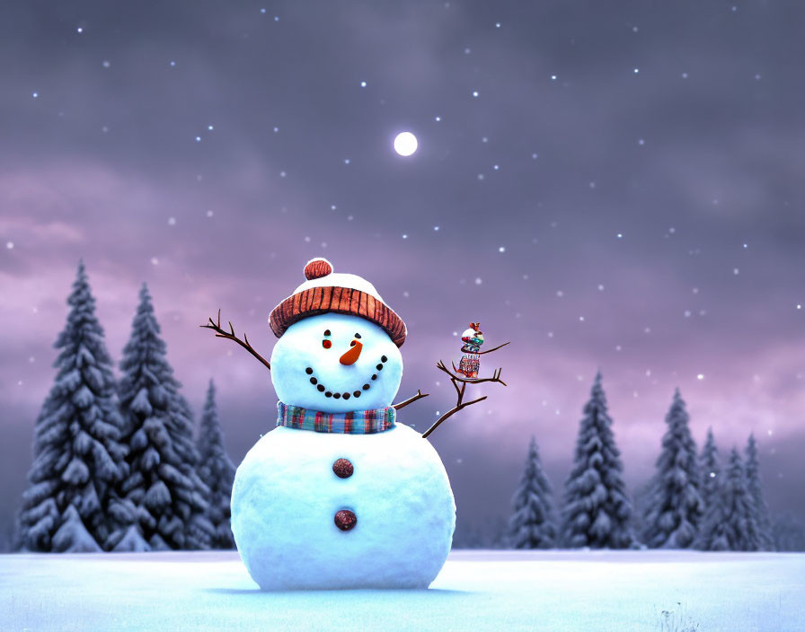 Snowman with bird in snowy landscape under twilight sky