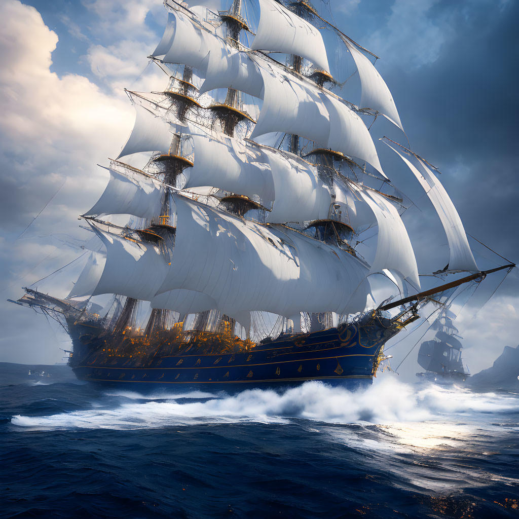 Tall ship with billowing sails on choppy ocean waters