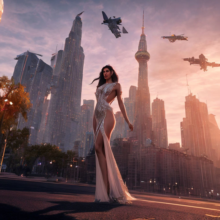 Woman in elegant gown on city street at sunset with futuristic aircraft above skyscrapers