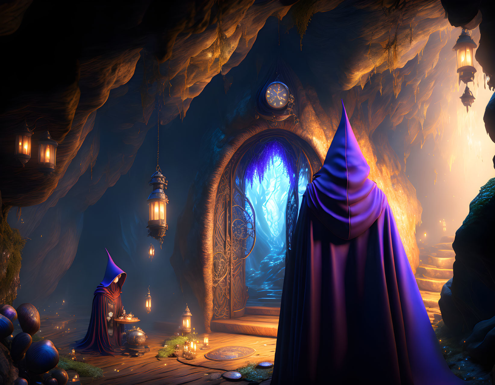 Mystical cave with glowing lanterns, candles, large door, and cloaked figures