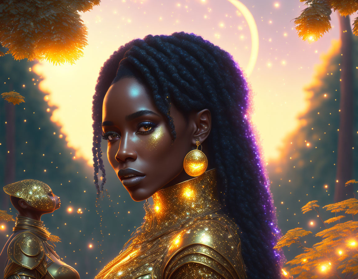 Portrait of woman with intricate braids and golden accessories in mystical forest.