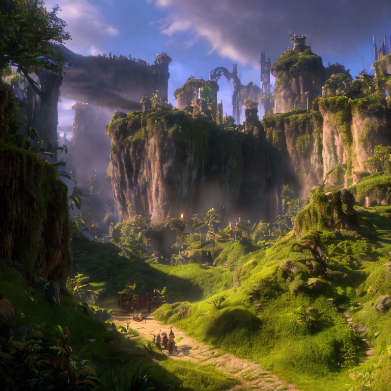 Fantastical landscape with lush greenery, towering cliffs, mystical ruins, and travelers under soft light