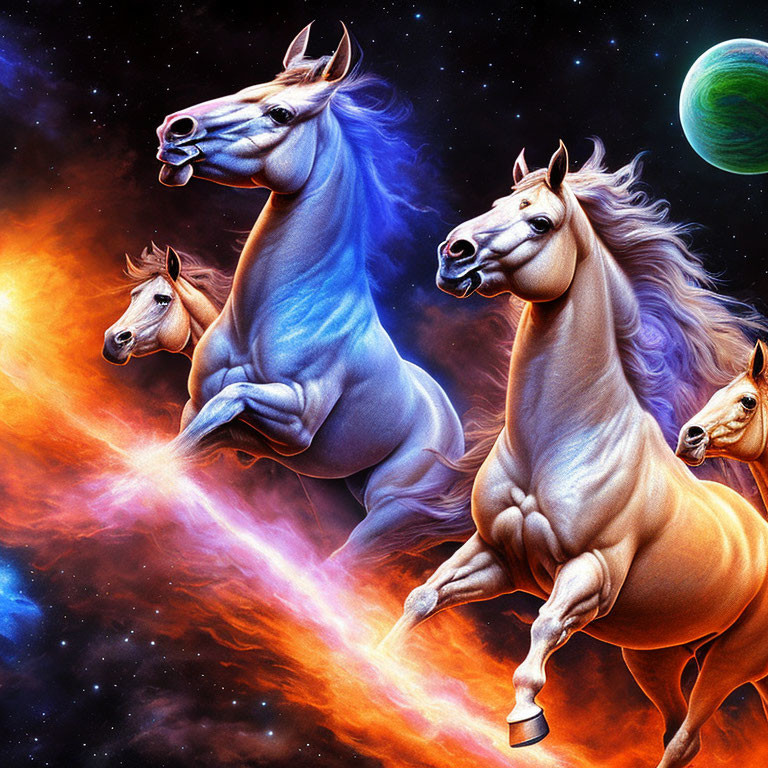 Four animated horses galloping in space with celestial background