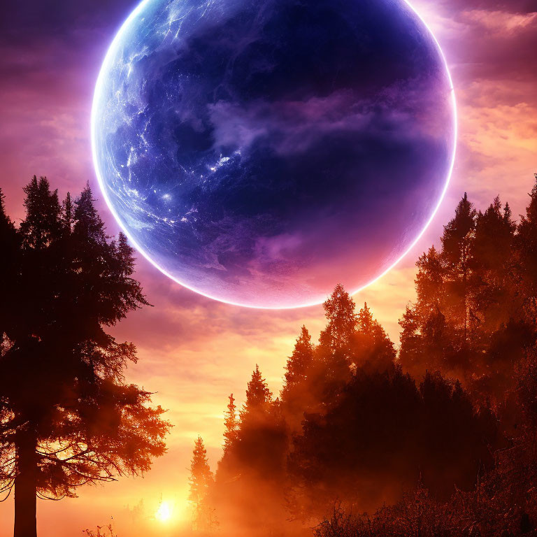 Large Blue Planet Over Misty Forest at Sunrise or Sunset