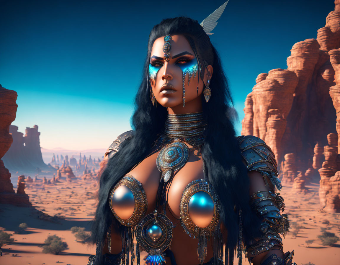 Female warrior in blue facial markings and metallic armor in desert landscape.