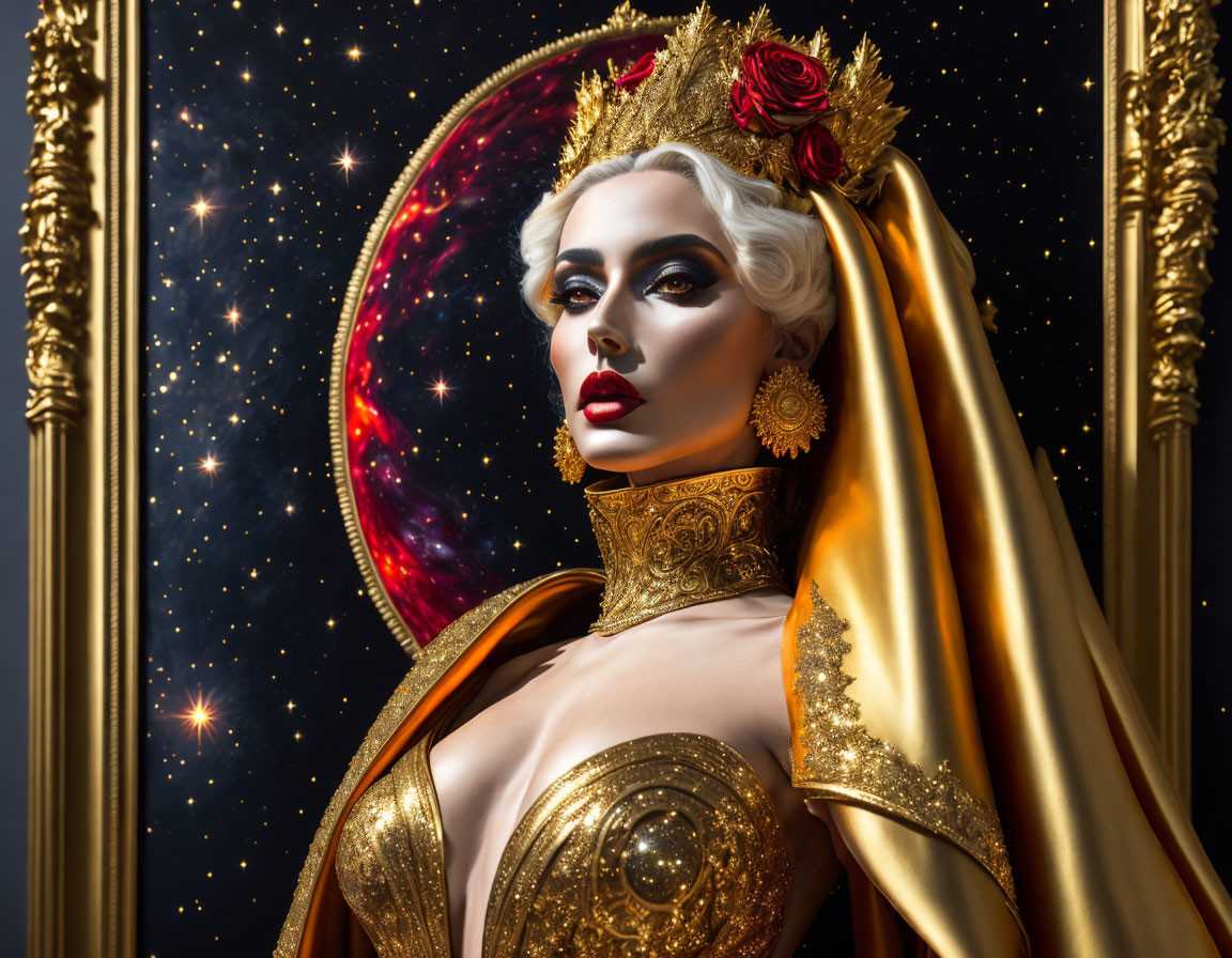 Regal figure in gold with rose crown on cosmic background