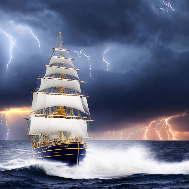 Tall Ship with White Sails in Stormy Seas