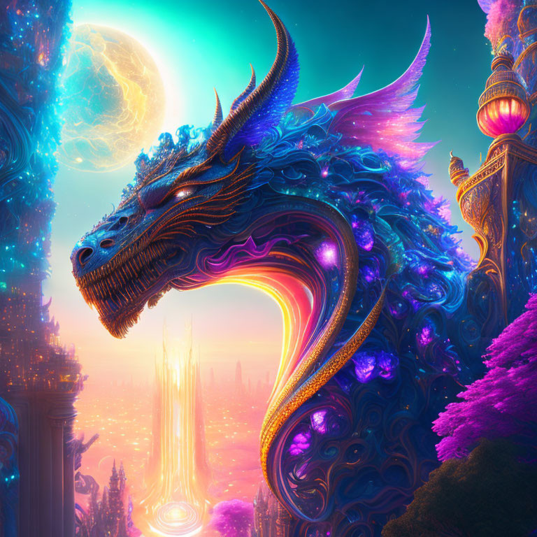 Blue dragon with ornate horns in fantastical cityscape with moon and celestial background