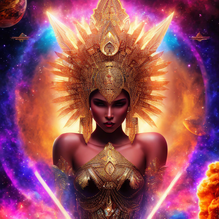 Digital portrait of a woman in ornate golden armor against cosmic backdrop